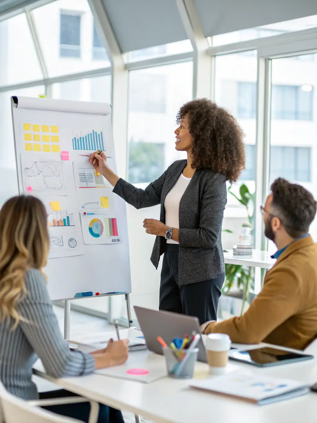 A professional business coach in a smart suit, smiling confidently while gesturing towards a whiteboard filled with strategic business plans and growth charts, set in a modern office environment.