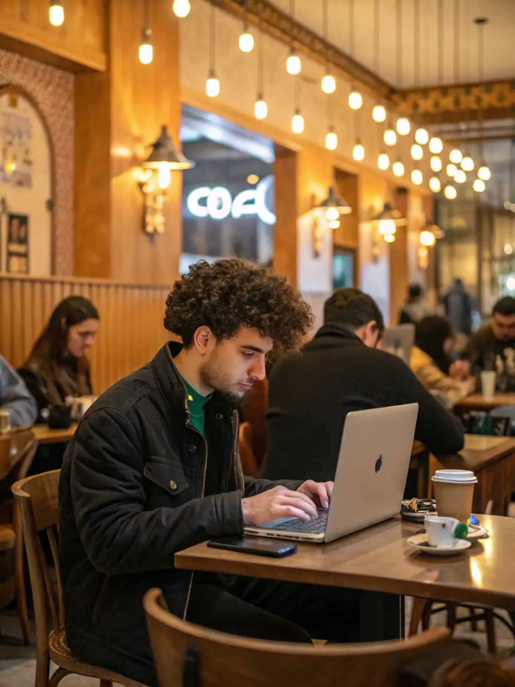 A focused entrepreneur working on a laptop in a cozy cafe, surrounded by books and notes, symbolizing independent business growth and strategic planning.