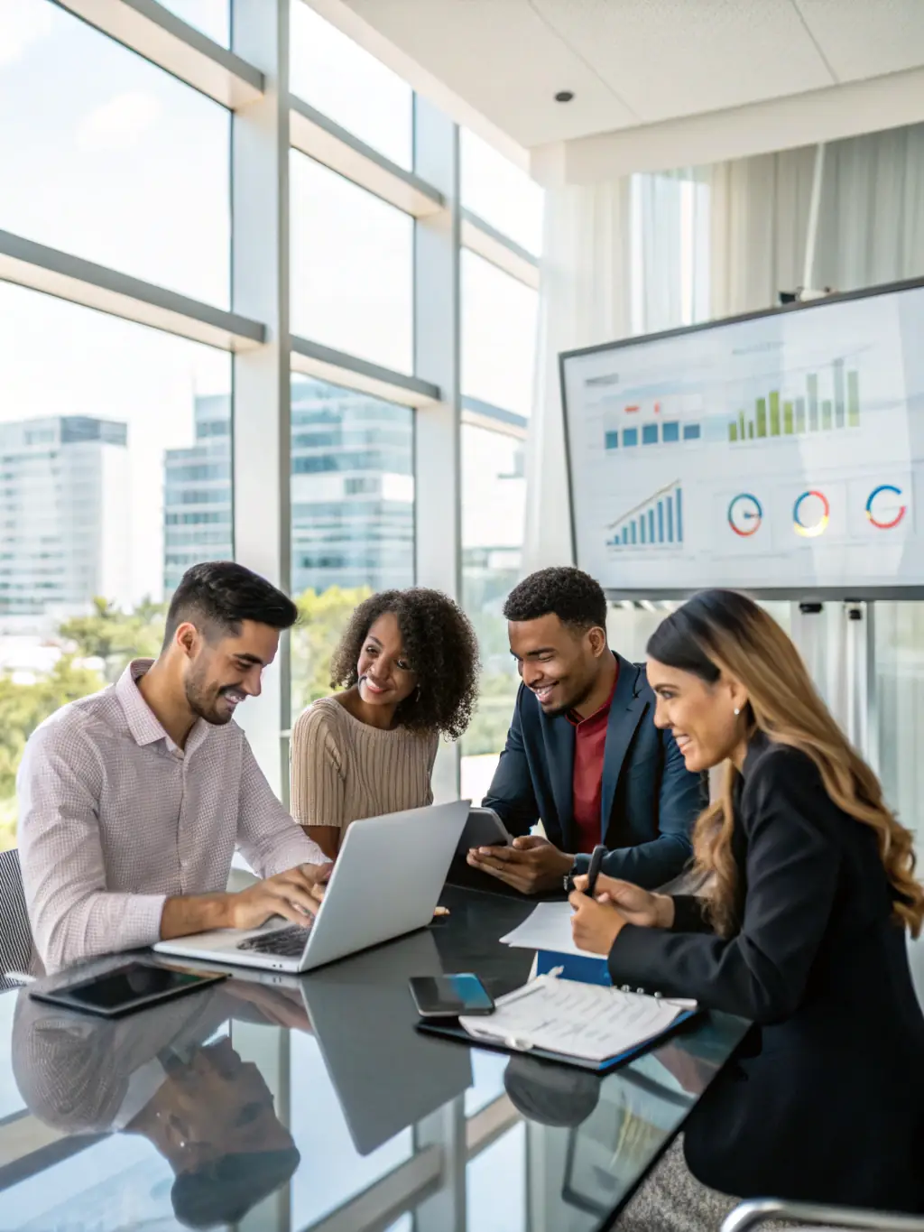 A diverse group of professionals collaborating around a table, brainstorming ideas and discussing business strategies in a brightly lit, modern co-working space.